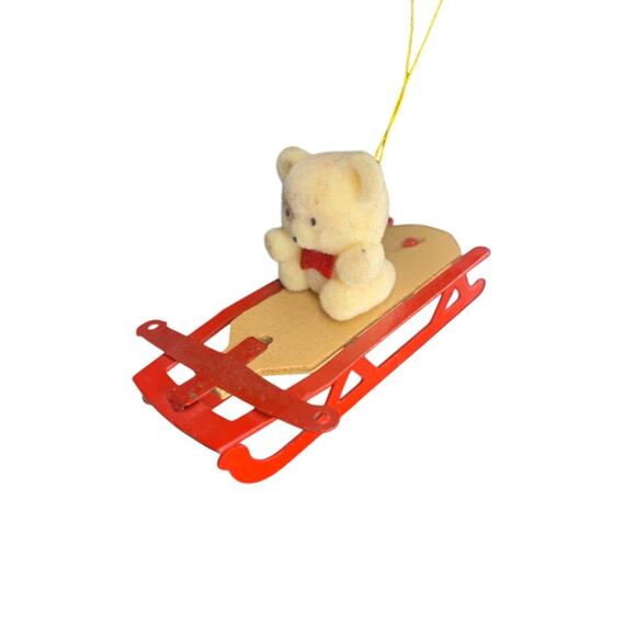Vintage Flocked Teddy Bear on Sled Ornament Metal Wood - Picture 1 of 6